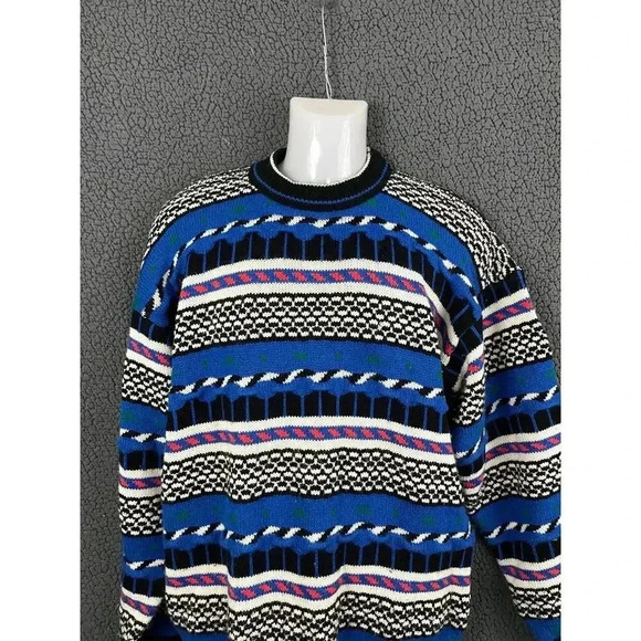 VTG Knit Pullover Sweater XL Crew Neck Blue White Kitsch 1990s Lightning Bolt - Picture 7 of 8